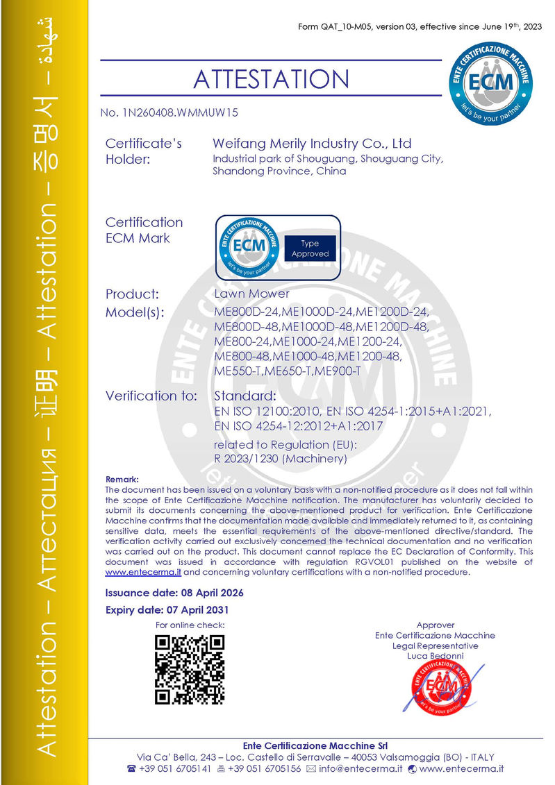 CE Type Approval attestation for MERI lawn mowers covering EU market safety and electromagnetic compatibility requirements