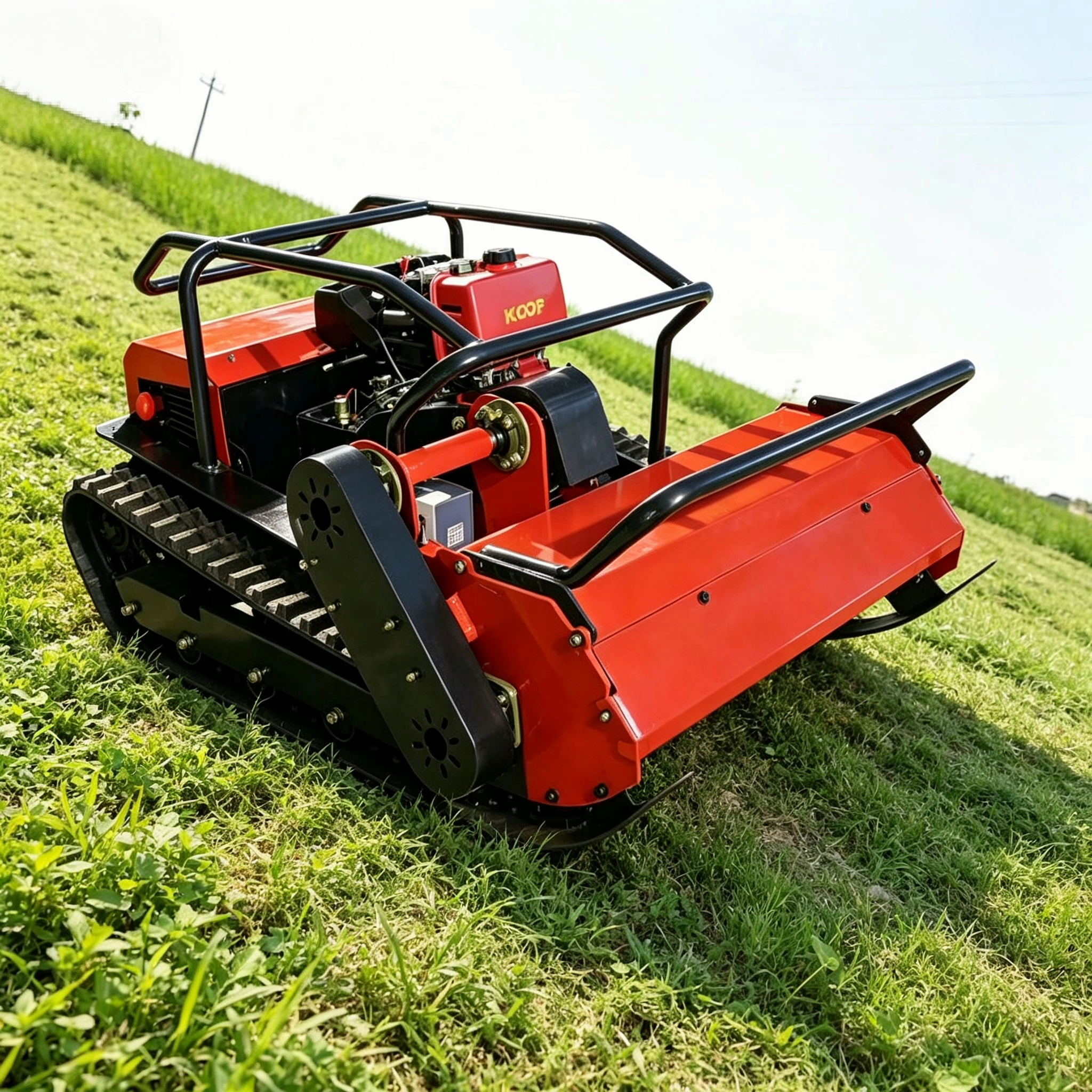 Rubber track remote mower working on a grassy embankment
