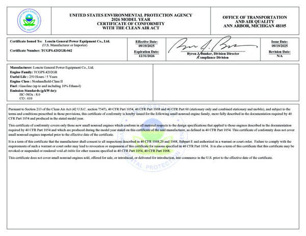 US EPA Clean Air Act Certificate of Conformity for MERI remote control mower engine demonstrating emissions compliance capability