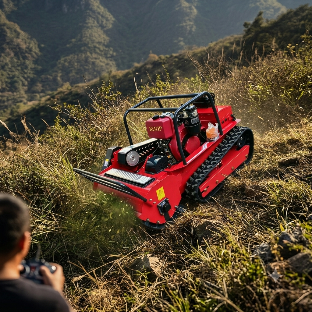 MERI remote control forestry mower clearing vegetation on a steep hillside
