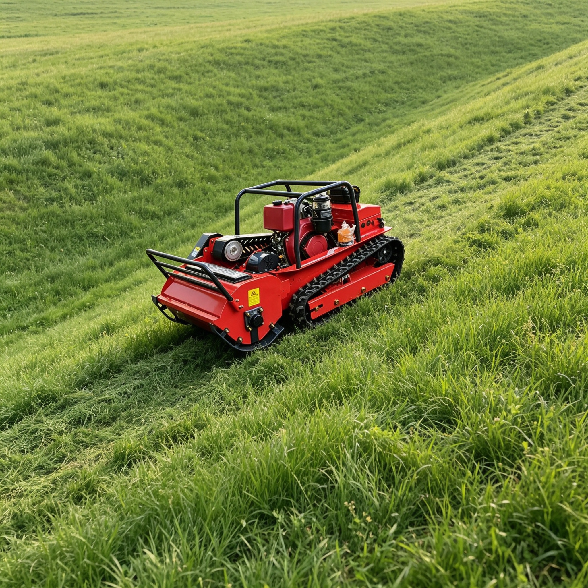 Tracked remote control brush cutter working on a grassy hillside