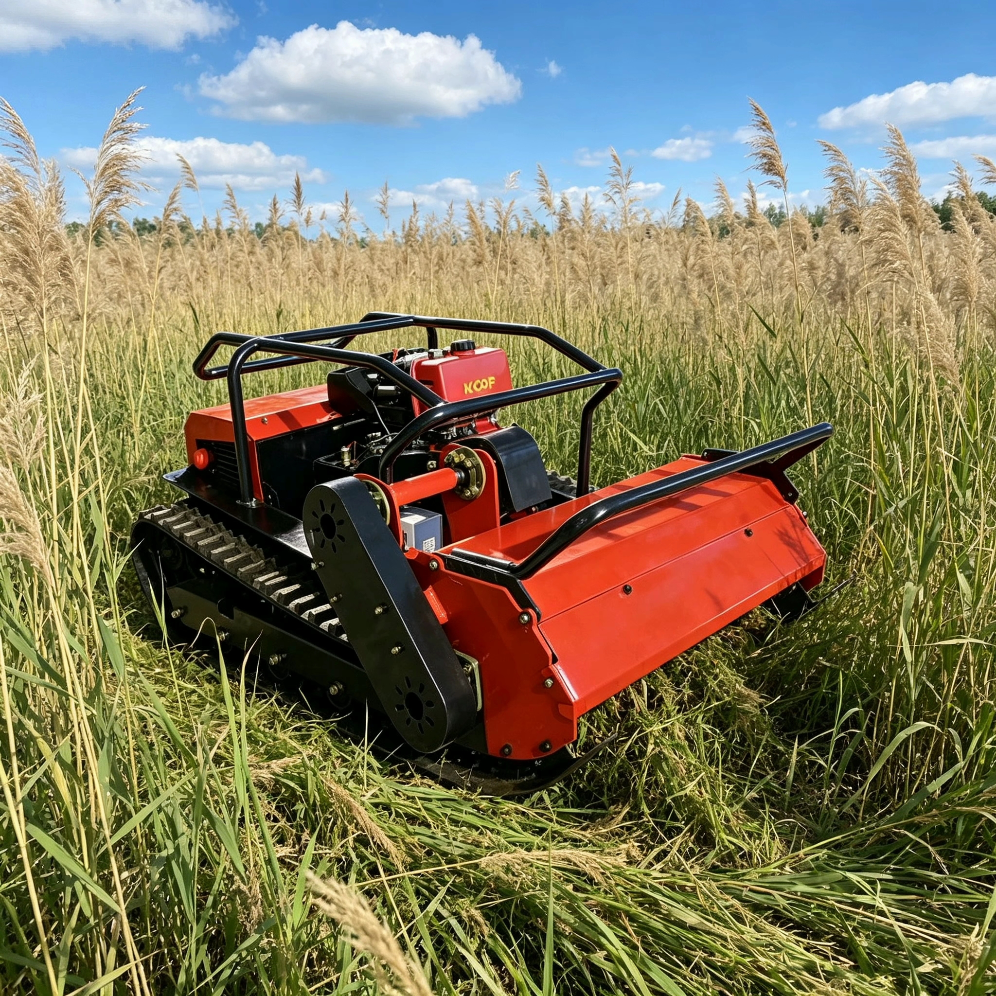 Remote control mower working in tall hillside vegetation