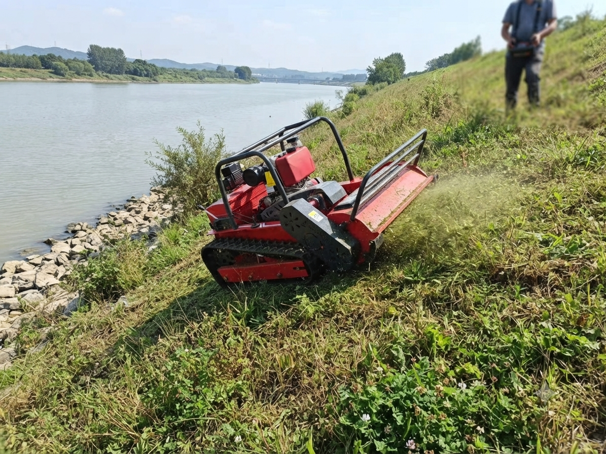 Operator controlling a tracked remote mower between orchard rows