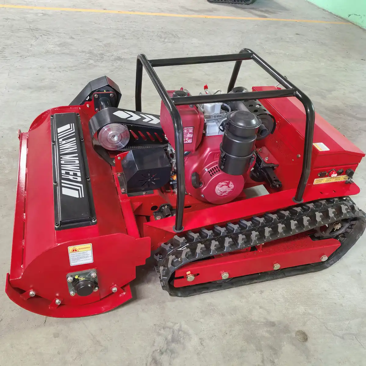 Remote control mower manufacturing workshop with testing equipment at MERI factory showing production line and quality inspection stations