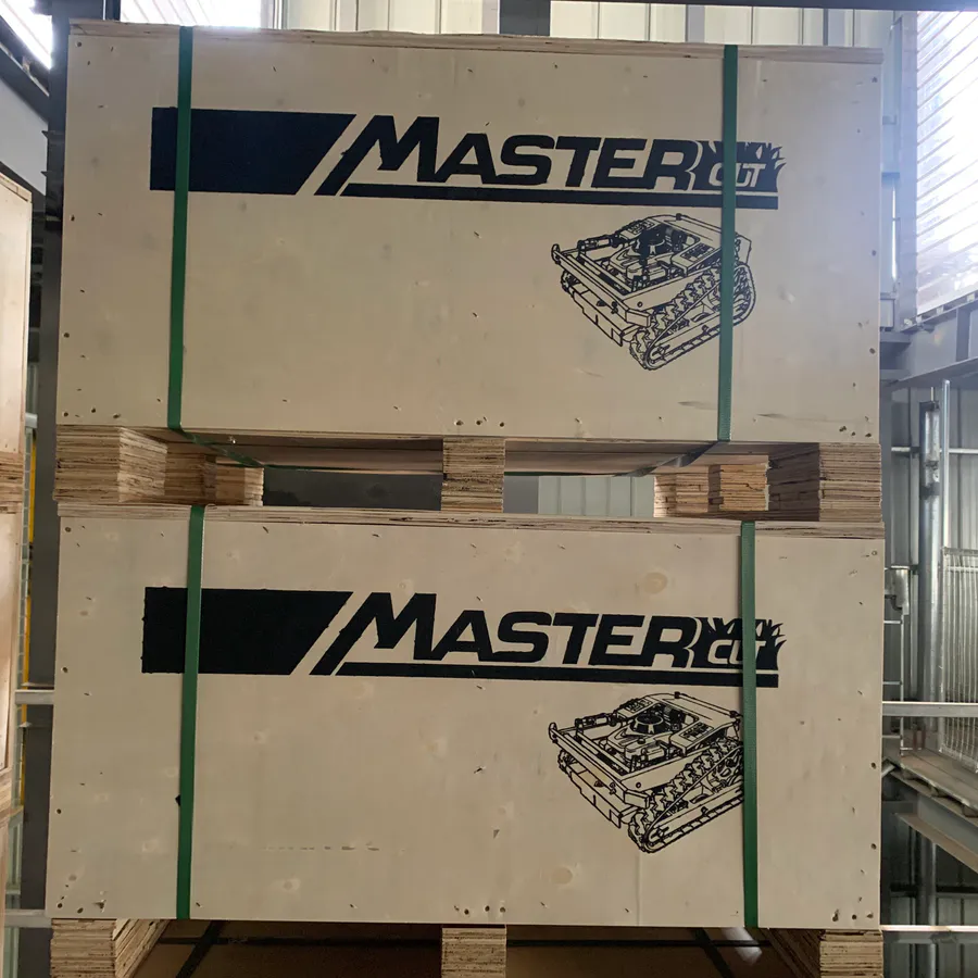 Branded wooden export crate for a MERI mower