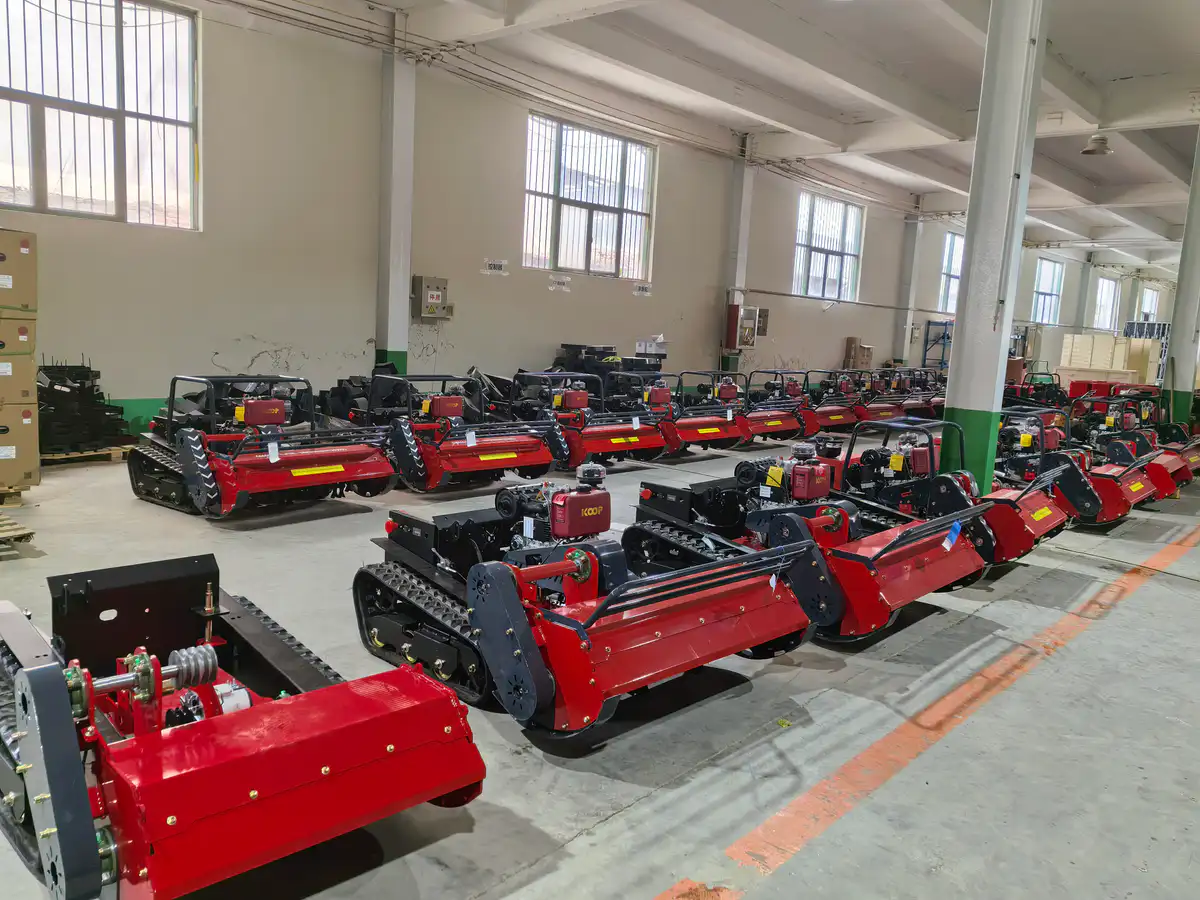 Rows of MERI remote control mowers inside the factory