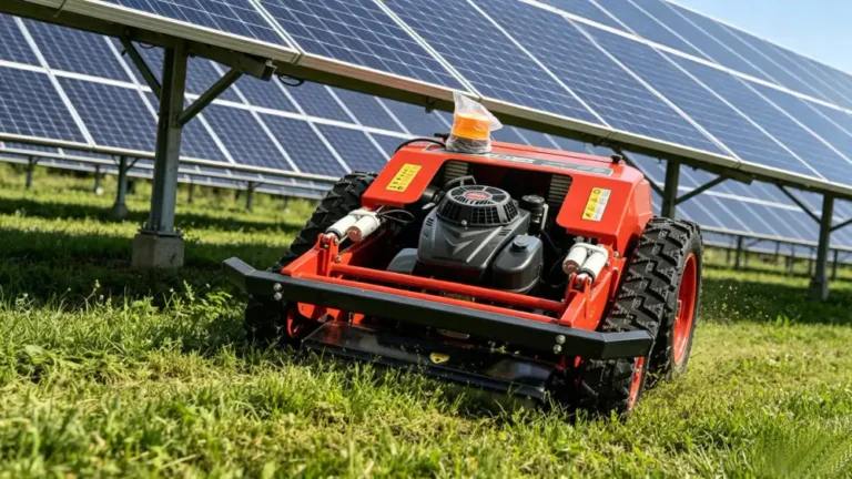 Remote control tracked mower working between solar panel rows