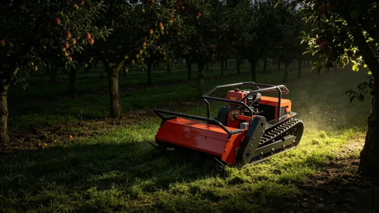 MERI remote control mower working between orchard rows on steep ground