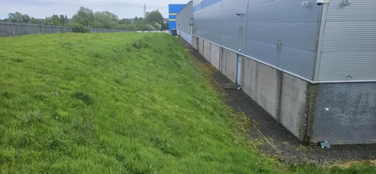Sloping commercial grass beside an industrial building in Northern Ireland