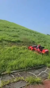 Red tracked remote mower cutting grass on a slope beside a paved edge