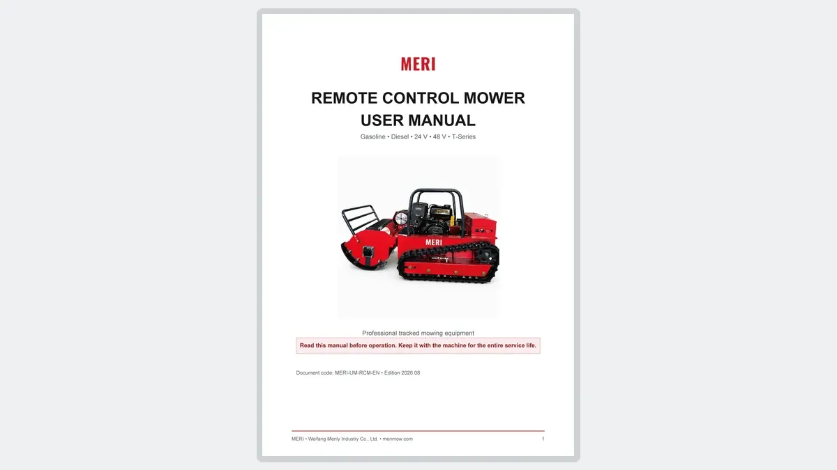Cover of the August 2026 MERI remote control mower user manual