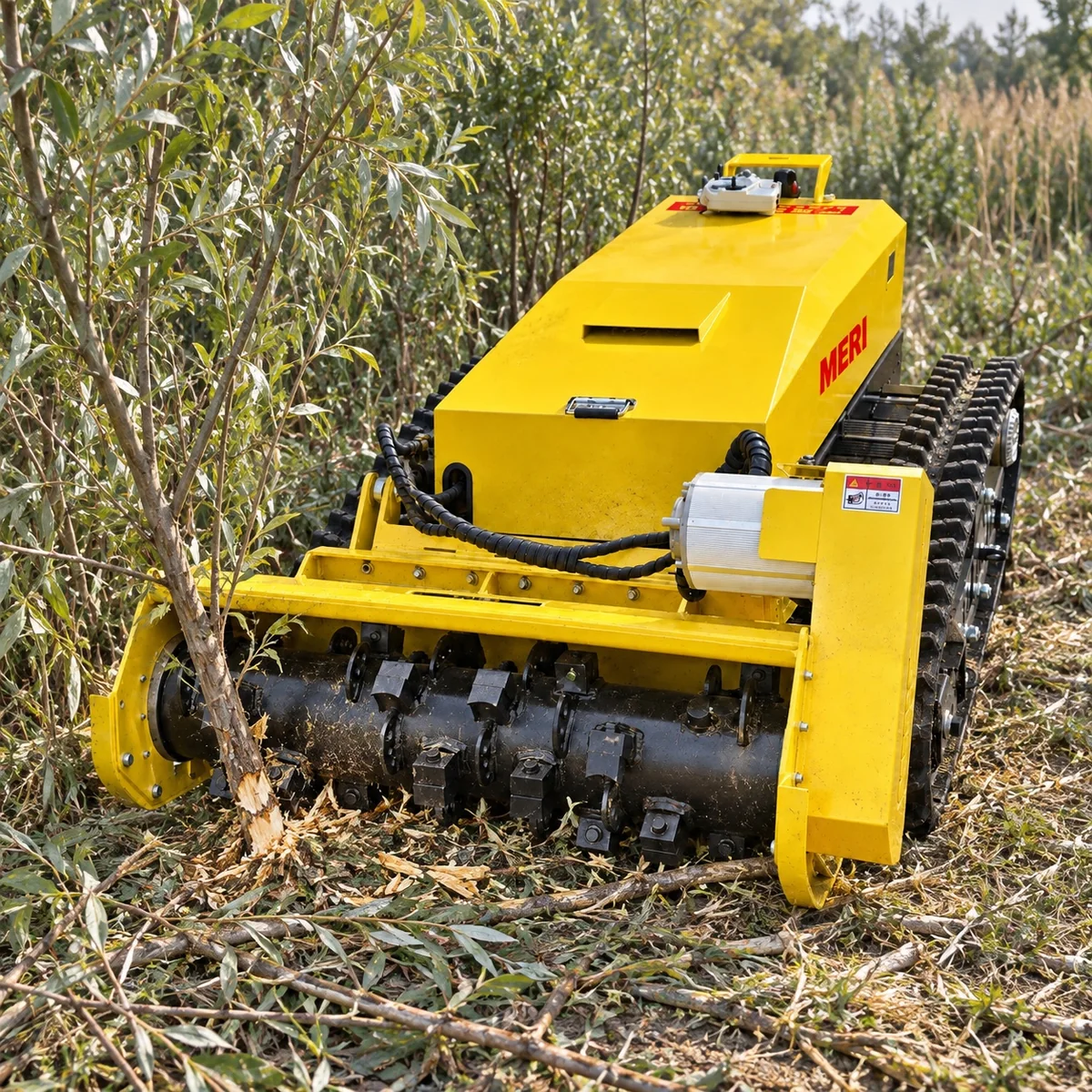 MERI electric remote control forestry mulcher cutting heavy vegetation video