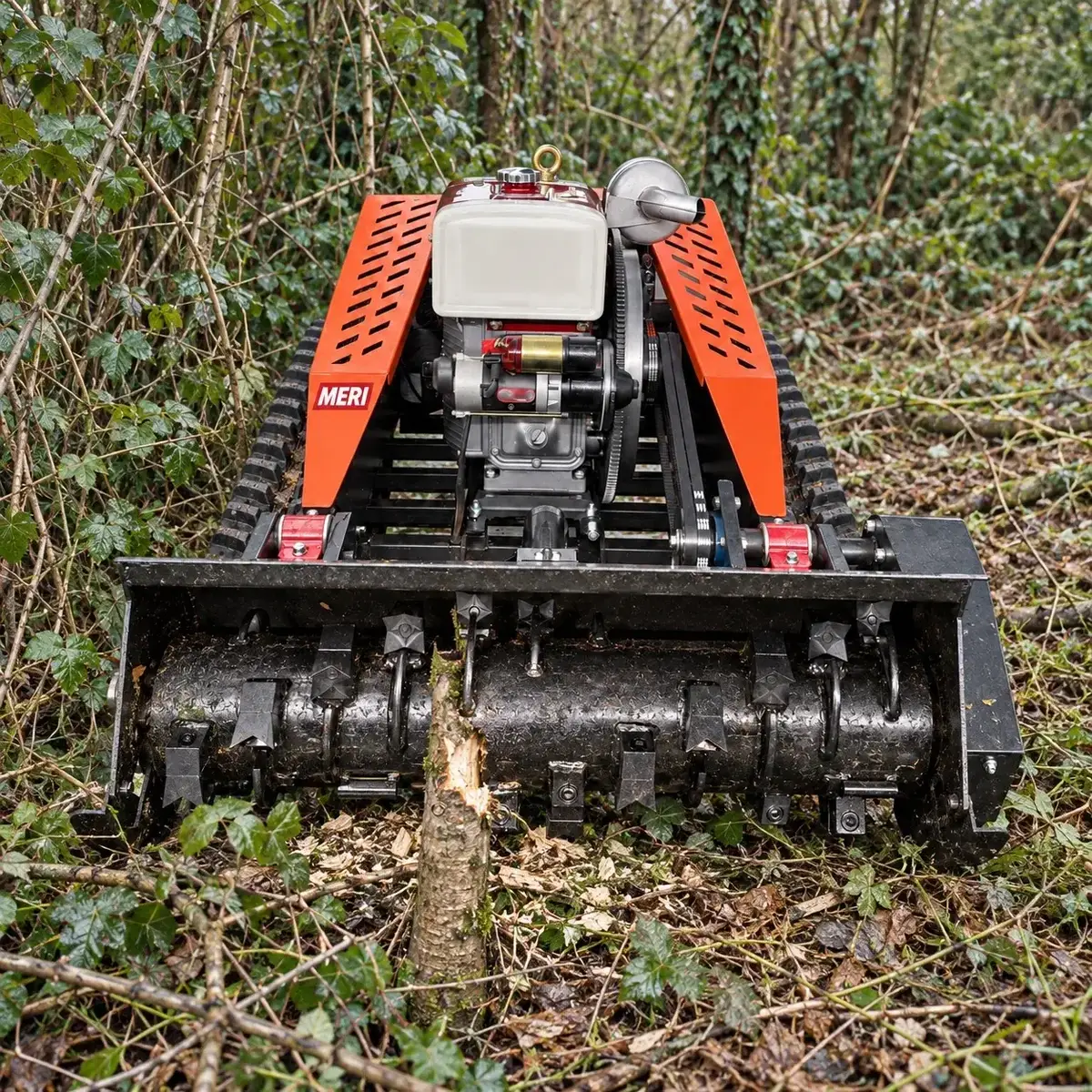 Application visualization of diesel remote control forestry mulcher clearing dense brush