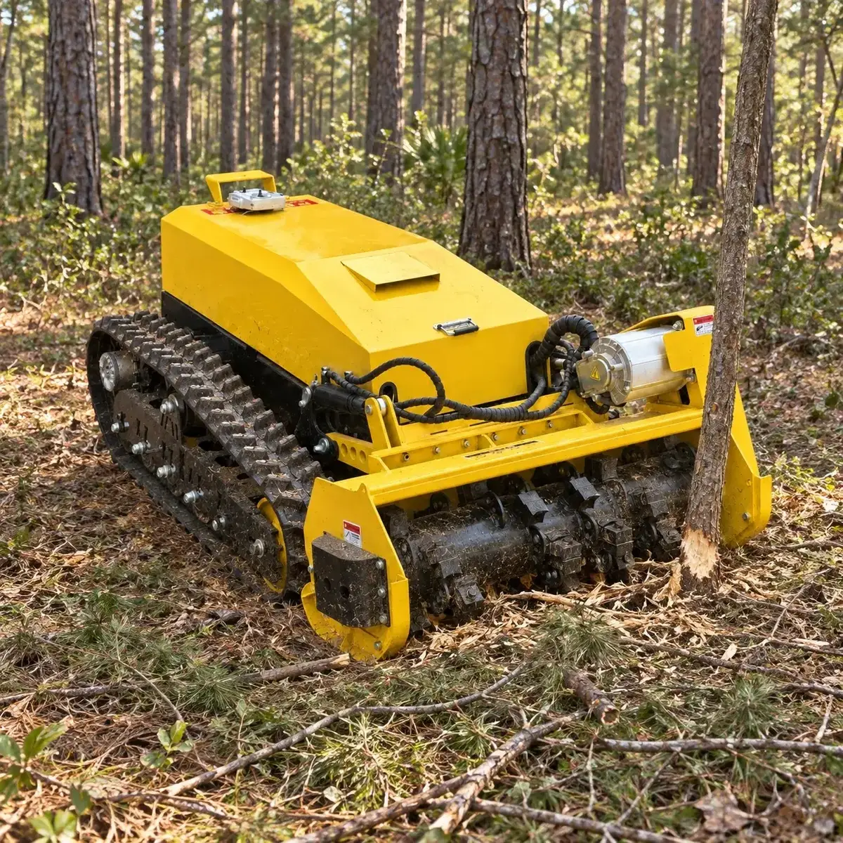 Application visualization of electric remote control forestry mulcher in forest understory