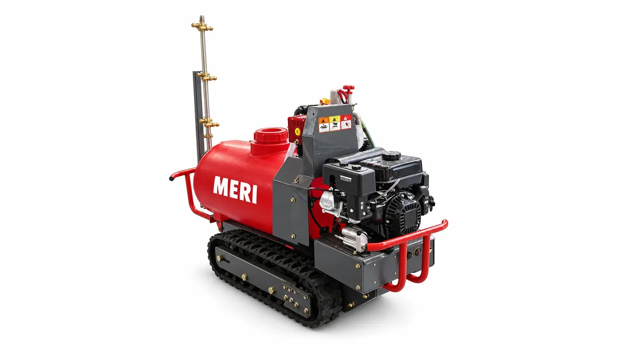 MERI 400L remote control airblast orchard sprayer working in a fruit orchard video