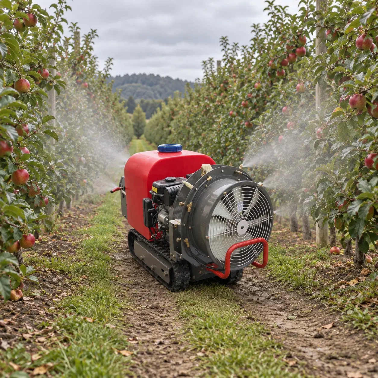 Application visualization of MERI airblast sprayer treating an orchard canopy