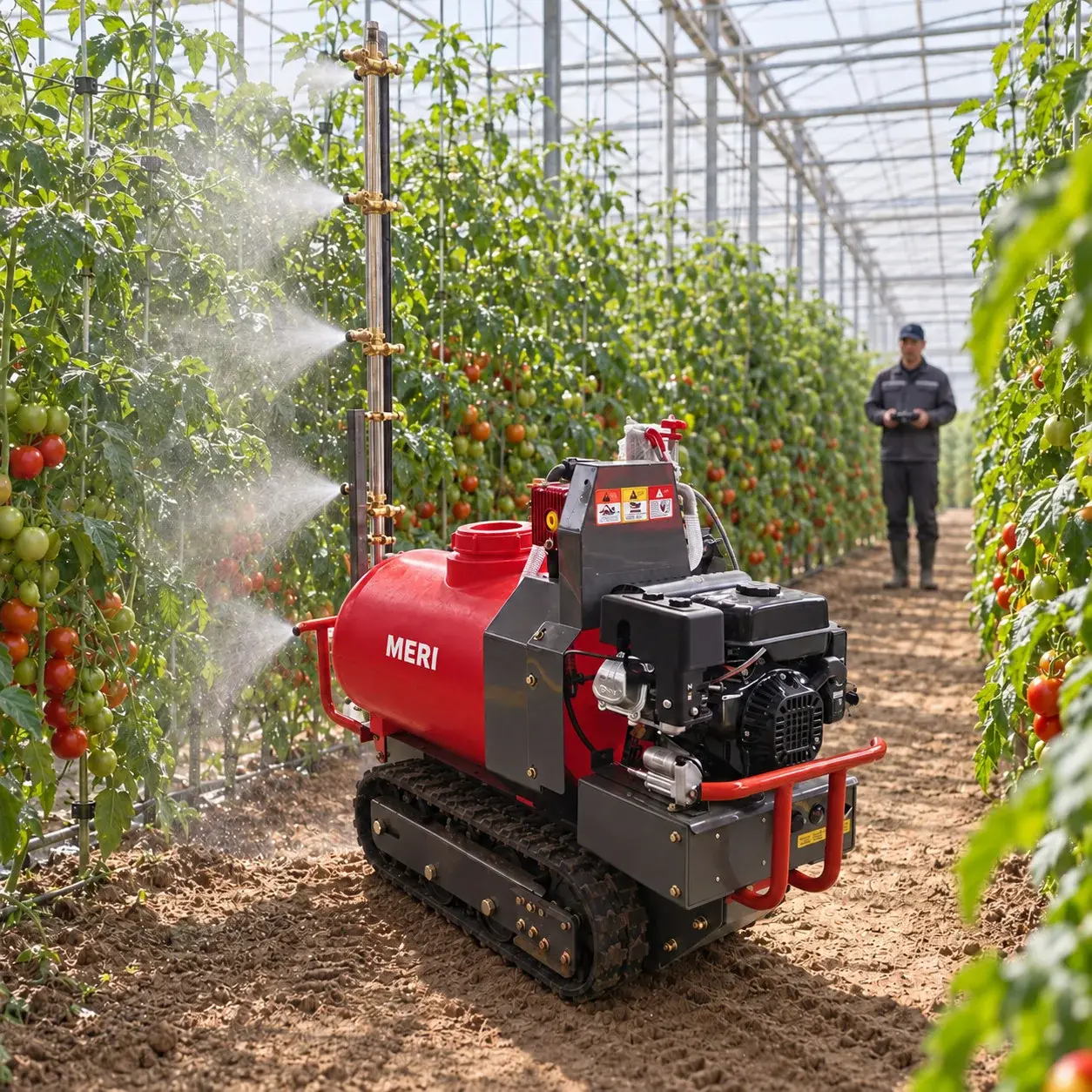 Application visualization of MERI remote control boom sprayer in greenhouse