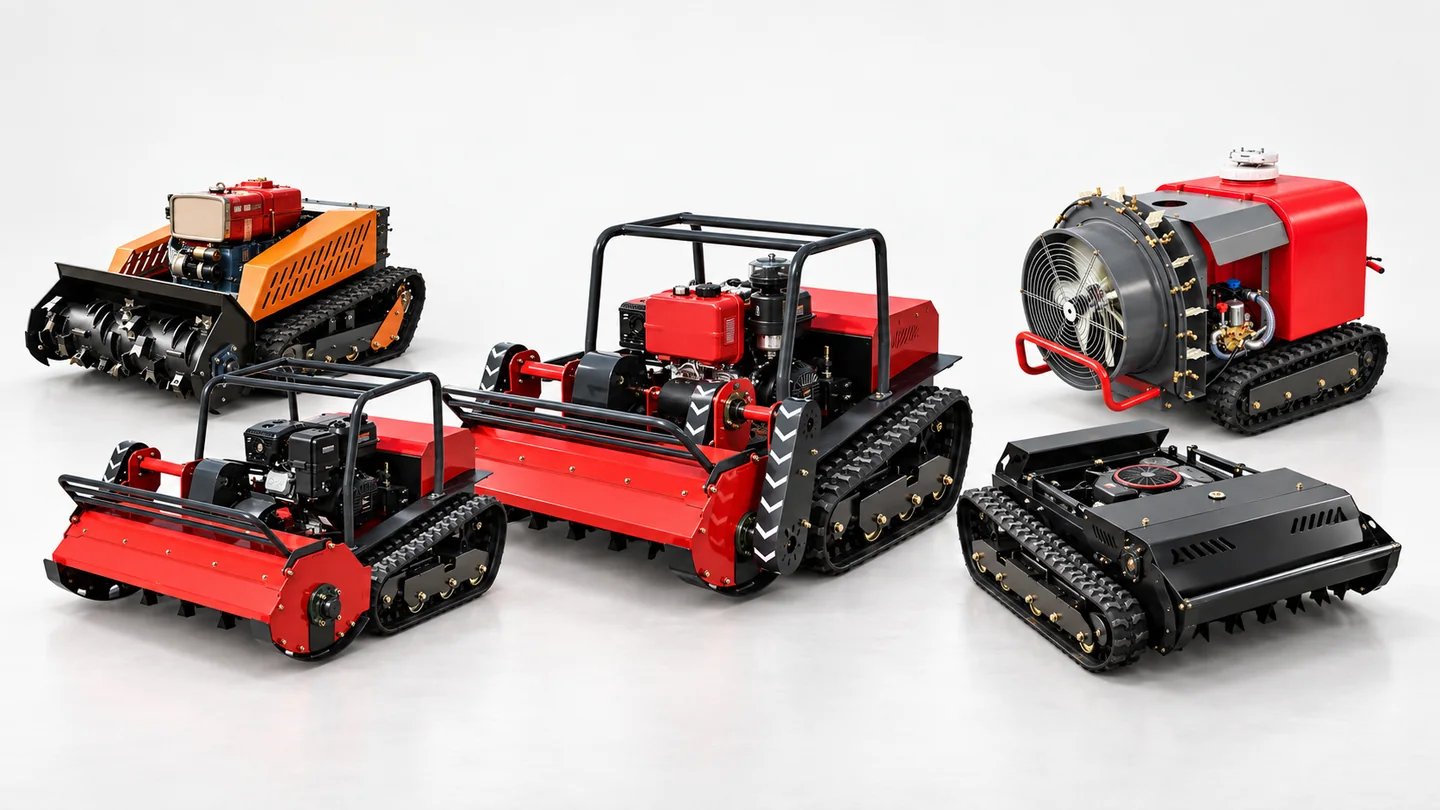 MERI remote equipment lineup for dealers with mowers, forestry mulcher and agricultural sprayer