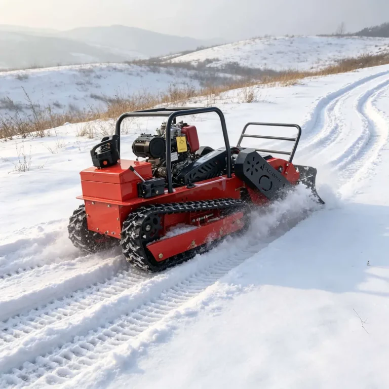 Remote Mower Clearing Snow on a Hillside Route