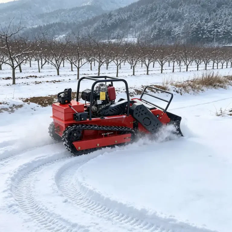 Remote Mower Snow Plowing in an Orchard
