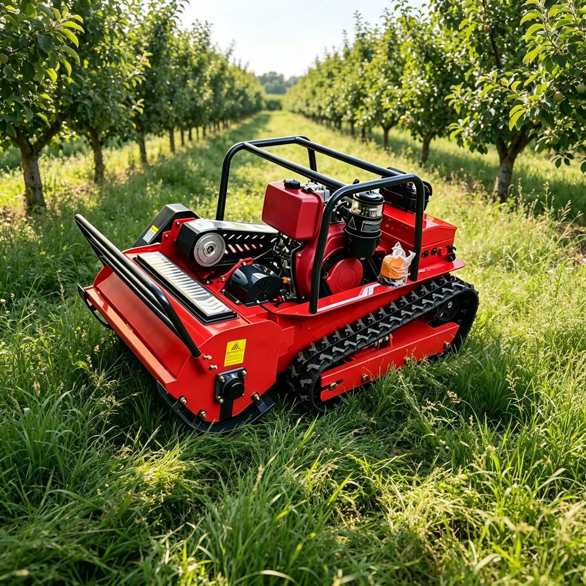 MERI remote control mower working in a hillside olive orchard