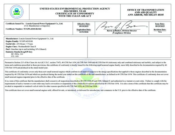 MERI published EPA emissions compliance document reference