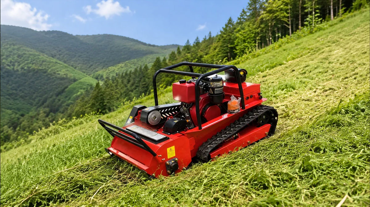 Remote control mower operating on a steep orchard or vineyard slope with low ground pressure tracks
