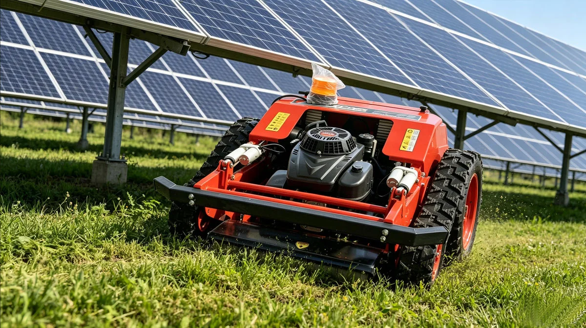 Remote control mower trimming grass in a solar farm setting to reduce manual labor